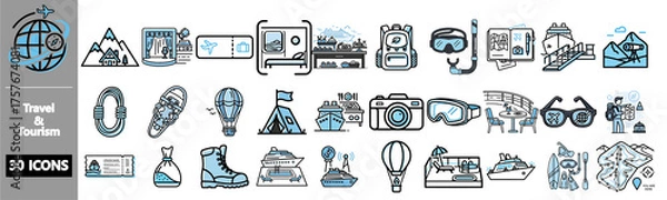 Fototapeta A collection of 30 travel and tourism line icons in blue and grey, featuring adventure and vacation symbols.