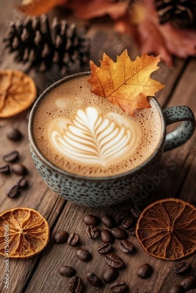 Obraz Autumn cappuccino in ceramic mug with latte art and dried orange slices on rustic wooden table, cozy fall still life with coffee beans, pinecones, seasonal leaves, café branding, cozy lifestyle design