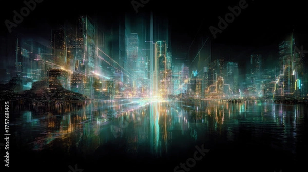 Fototapeta Abstract digital cityscape with vibrant neon lights and reflections on dark water at night