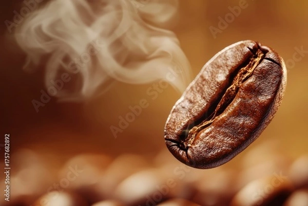 Obraz Close-up of steaming roasted coffee bean suspended in mid-air against warm brown blurred background, aromatic espresso concept with copy space for cafe advertising, branding design, packaging, banners