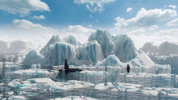 Obraz A killer whale hunts a penguin among icebergs. 3d realistic illustration.