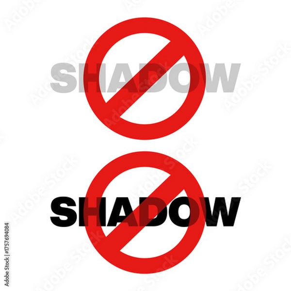 Fototapeta Shadow ban - concealed and hidden blocking, restriction and forbidding. Symbol, sign and pictogram of interdiction and text. Isolated on white. 