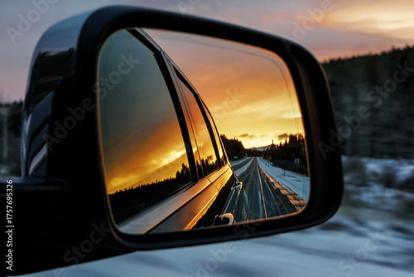 Fototapeta Sunset and road reflection in the side mirror of a black car