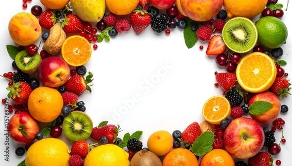Fototapeta A colorful, vibrant assortment of various fruits arranged on a white surface