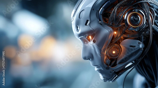 Fototapeta Futuristic silver robot head shows glowing orange eyes, intricate design, exposed wires, powerful armor, machine stands in rugged blurred background with dynamic light effects, hin