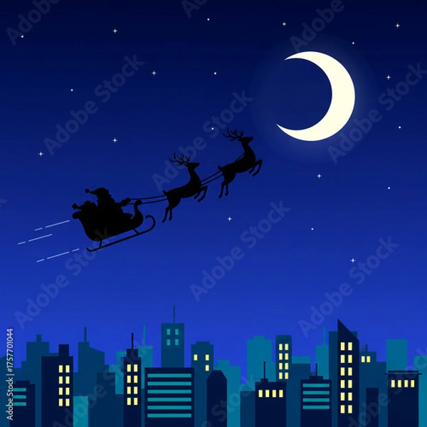 Fototapeta Santa's Night Flight: A silhouetted image captures Santa Claus soaring across a starlit night sky, his reindeer-pulled sleigh gliding above a cityscape, illuminated by the radiant moon.