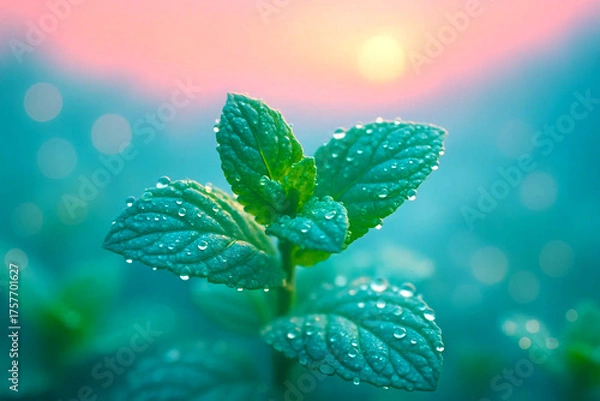 Fototapeta Mint in Morning: Delicate green mint leaves, glistening with morning dew, emerge in the soft morning light. A refreshing view
