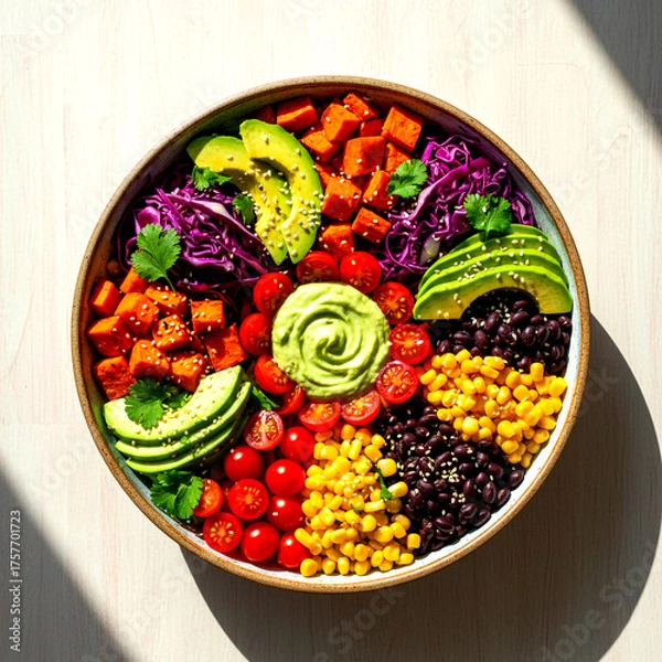 Fototapeta Colorful Delight: a vibrant bowl brimming with an array of fresh, wholesome ingredients: ripe avocado slices, juicy cherry tomatoes, crisp red cabbage, and a creamy green swirl in the center