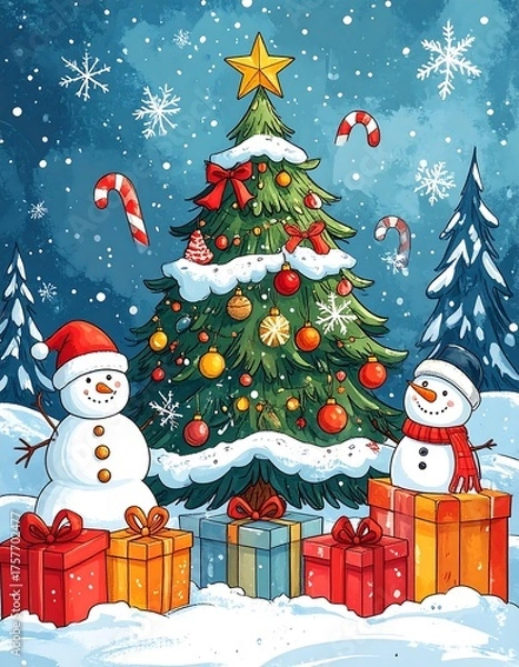 Fototapeta Festive Christmas illustration snowy scene with a decorated tree & snowmen