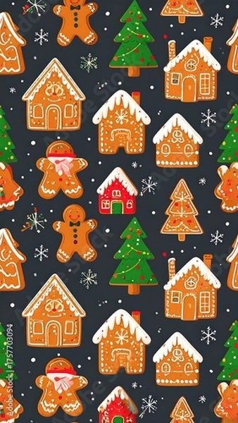 Fototapeta Festive Christmas pattern with gingerbread houses, trees, and people