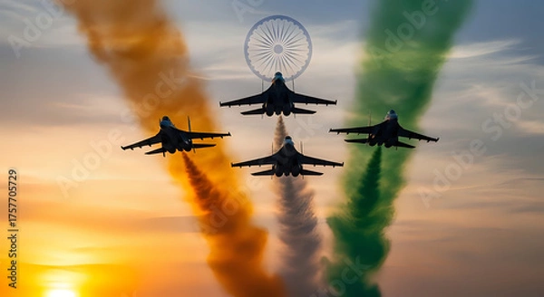 Obraz Stunning fighter jets soar with vibrant Indian flag colors creating a powerful patriotic sky display