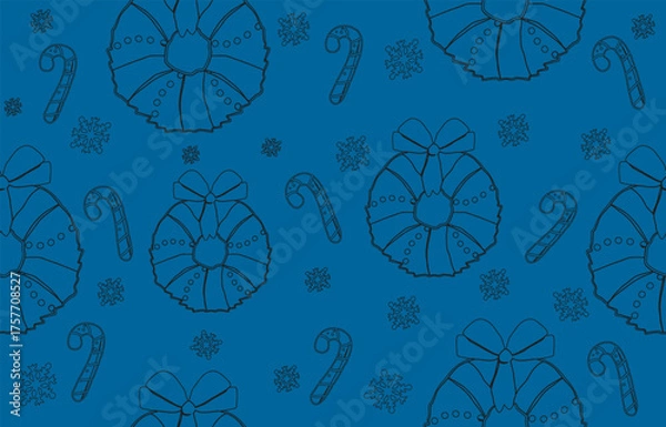 Fototapeta Blue Winter Wonderland Seamless Pattern. Line Art Snow and Holiday Elements Vector.