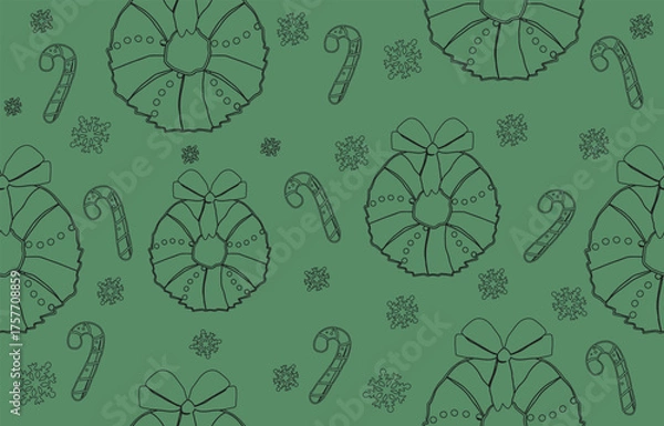 Fototapeta Elegant Green Christmas Seamless Pattern. Minimal Outline Holiday Vector Tile.