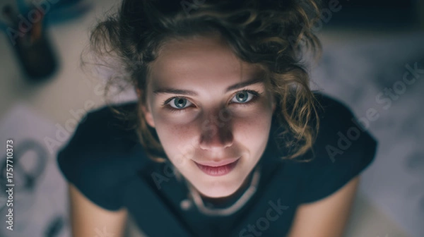 Obraz Young woman with curly hair smiles warmly at the camera in a creative workspace during evening hours