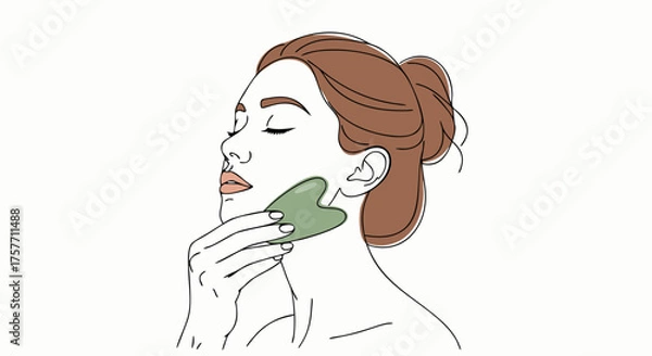 Fototapeta Woman doing gua sha massage with green tool on face in relaxing setting. Gua sha massage technique enhances facial appearance and promotes wellness through gentle movements.