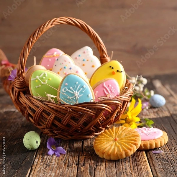 Fototapeta Basket overflowing with colorful egg and chick shaped, decorated cookies
