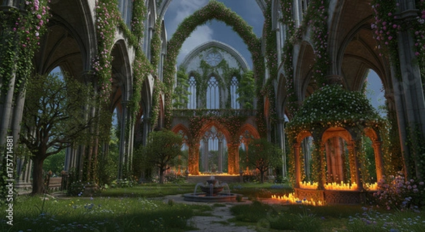 Fototapeta The Royal Cathedral Park with its Gothic stone columns and medieval ruins.