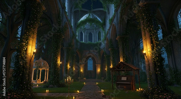 Fototapeta The Royal Cathedral Park with its Gothic stone columns and medieval ruins.