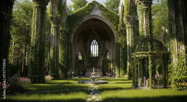 Fototapeta The Royal Cathedral Park with its Gothic stone columns and medieval ruins.