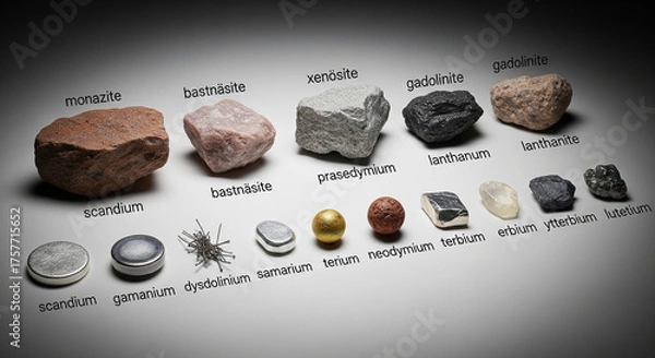 Fototapeta Rare earth metals and ore, scandium elements and rare earth elements neodymium magnets.