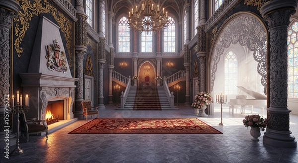 Fototapeta The Great Cathedral in the Royal Hall with a fireplace and throne in an ancient interior.