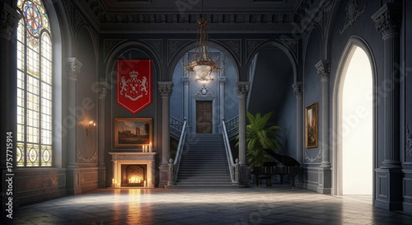 Fototapeta The Great Cathedral in the Royal Hall with a fireplace and throne in an ancient interior.