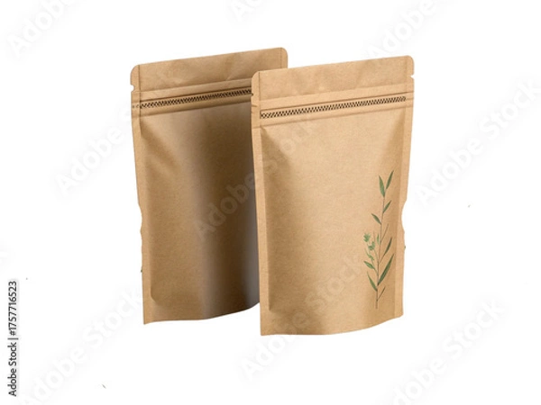 Fototapeta Eco-friendly brown resealable pouch with zipper isolated on transparent background, kraft paper stand-up packaging mockup for coffee tea or dry food, realistic recyclable bag design for organic produc