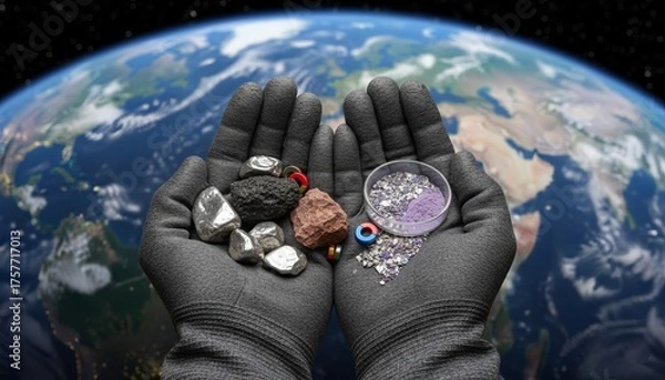 Fototapeta Rare earth metals and ore, scandium elements and rare earth elements neodymium magnets.