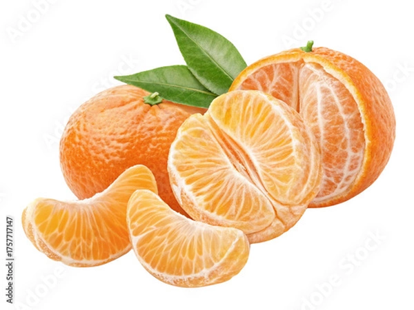 Fototapeta Peeled orange segments arranged naturally isolated on transparent background, fresh citrus fruit photography element for healthy food design and organic product presentation, realistic juicy orange 