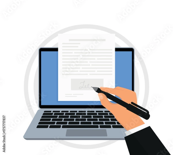 Obraz Isometric electronic signature concept. Electronic signature on laptop.  Electronic document, digital form attached to electronically transmitted document. Vector illustration