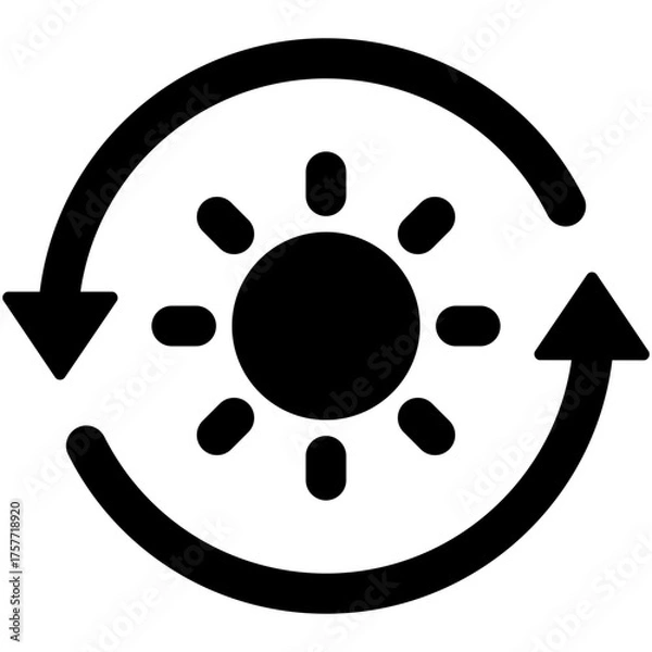 Fototapeta Black single sustainable sun energy icon, simple solar energy conversion flat design infographic pictogram vector for app logo ads web button ui ux interface elements isolated on white background