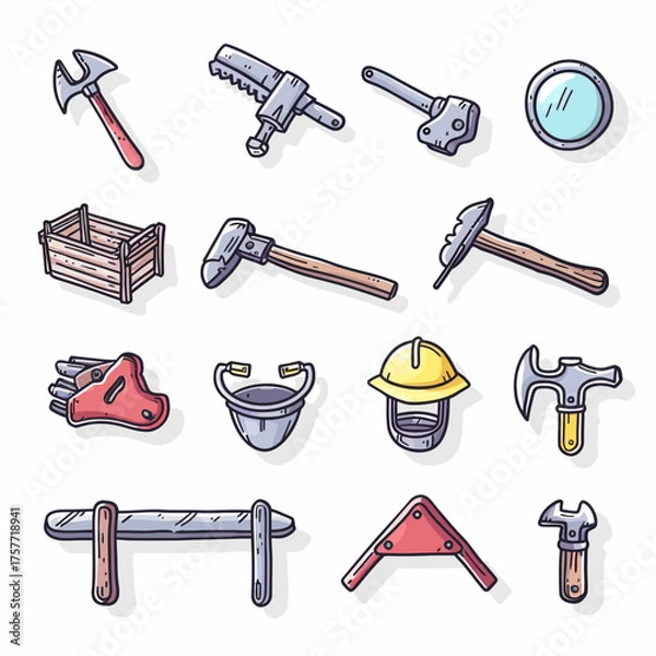 Obraz Whimsical illustration of various work tools, featuring a hammer, saw, axe, and bucket