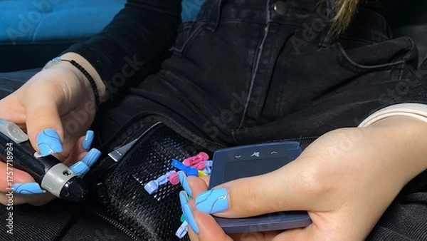 Obraz Blood Glucose Testing at Home – Person Checking Sugar Level with Glucometer, Diabetes Control and Monitoring  Kedainiai, 57177 Kauno m. sav.,Lithuania 08.06.2025 21:17