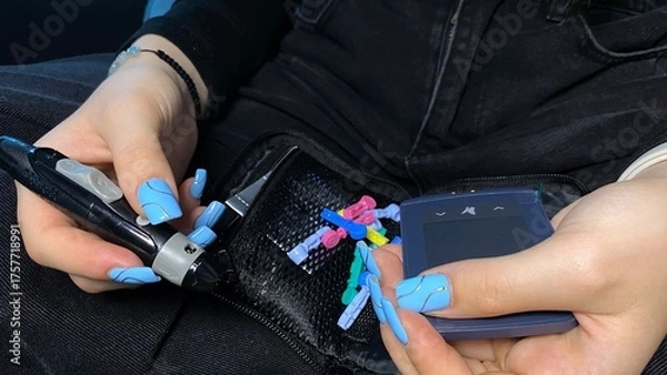 Obraz Blood Glucose Testing at Home – Person Checking Sugar Level with Glucometer, Diabetes Control and Monitoring  Kedainiai, 57177 Kauno m. sav.,Lithuania 08.06.2025 21:17