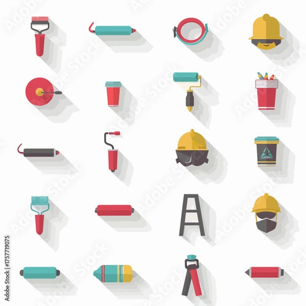 Obraz Flat vector icons of construction tools and worker's equipment are displayed on a white background