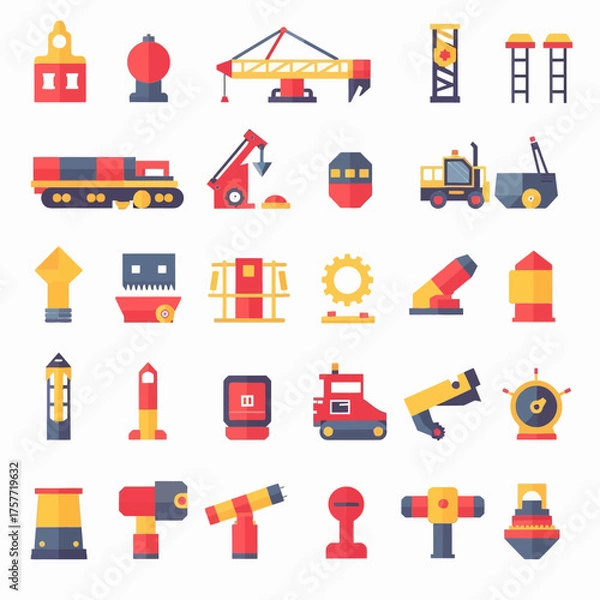 Obraz A set of colorful, flat-design icons featuring industrial machinery, vehicles, and instruments