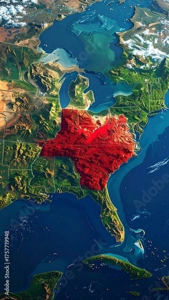Obraz Digitized, detailed aerial view showing North America with highlighting