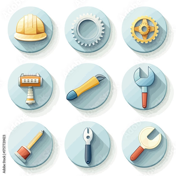 Obraz Vector illustration featuring nine industrial icons including gear wheels, tools, and a protective helmet
