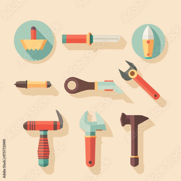 Obraz Illustration of a collection of various tools with distinct shapes and colors, designed in a flat, geometric style