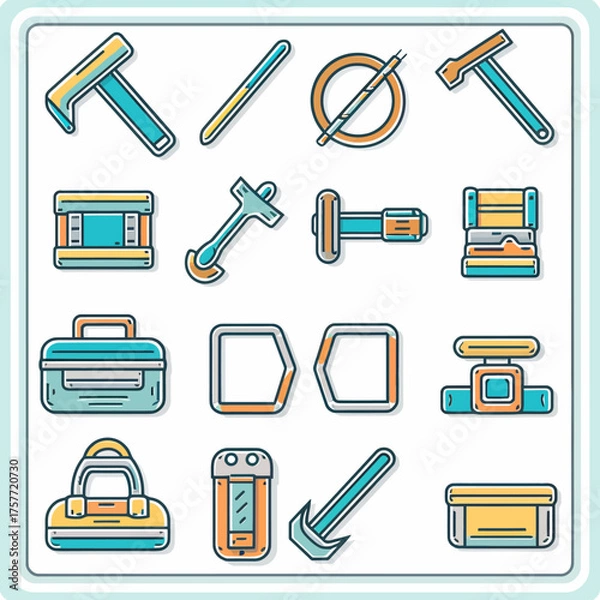 Obraz Colorful icon set of tools and equipment, depicting various construction and crafting implements