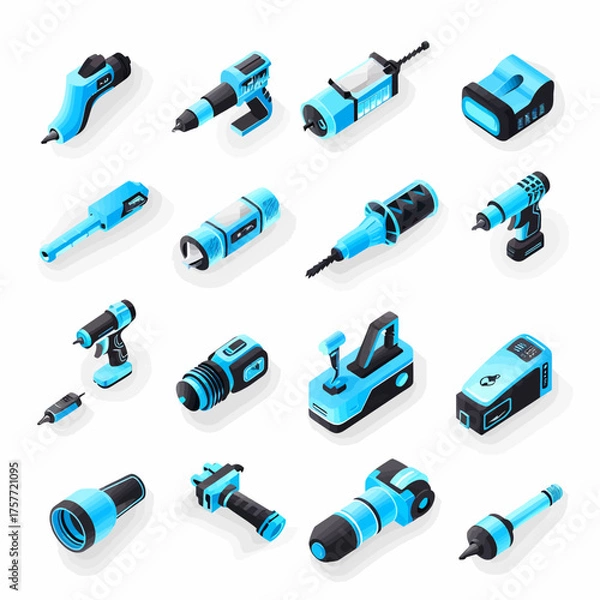 Obraz Isometric illustration of several stylized tools in shades of blue and black on a white background