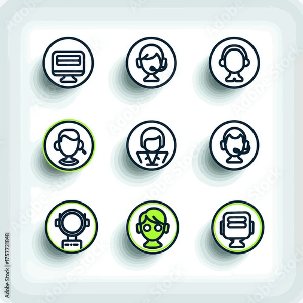 Obraz Nine round icons with black outlines, depicting people with headsets and computer screens, on a soft background