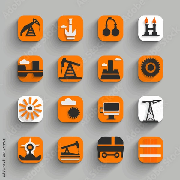 Obraz A grid of 16 industrial icons on orange squares with shadows, representing energy and production