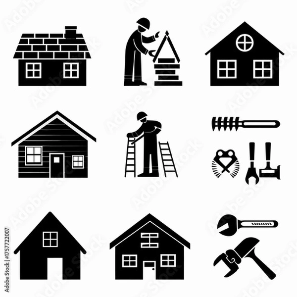 Obraz A collection of black silhouette icons depicting construction workers, houses, and various tools