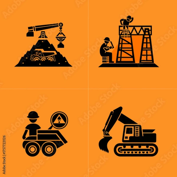 Obraz Illustration featuring black icons of construction work, including a crane, scaffolding, and various machinery