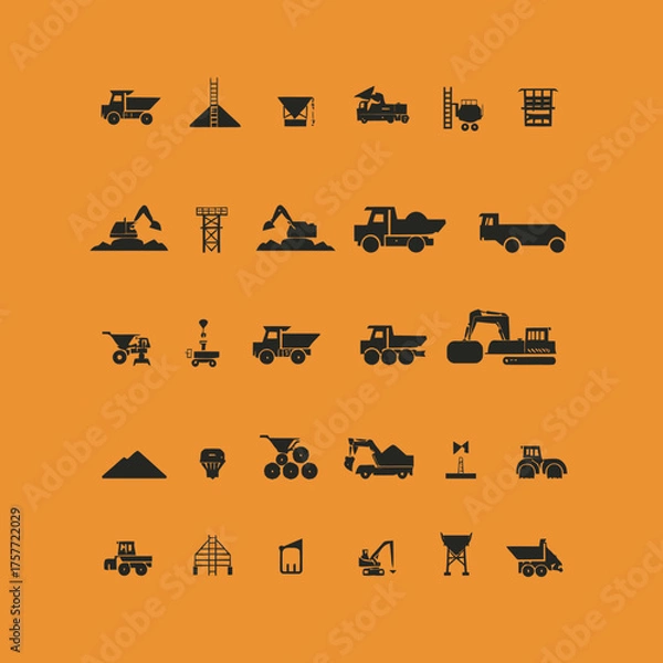 Fototapeta Collection of construction equipment silhouettes on an orange background. Various heavy machinery icons