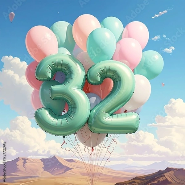 Obraz Digit-shaped balloons with others, ascending in a sunny, clear sky over landscape