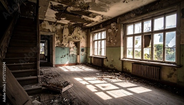 Obraz Dilapidated building interior with peeling paint and broken windows