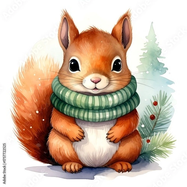 Fototapeta A cozy cartoon squirrel with a green scarf in a winter scene