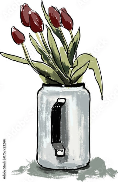 Fototapeta Hand drawn Tulips in a Jug Sketch Illustration
